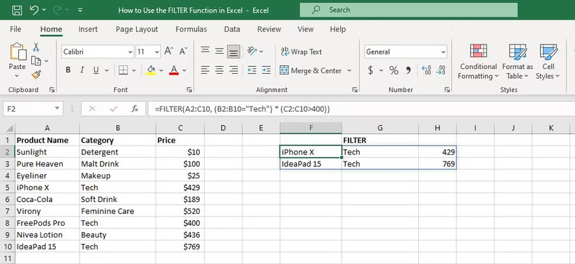 Cách sử dụng hàm FILTER trong Excel