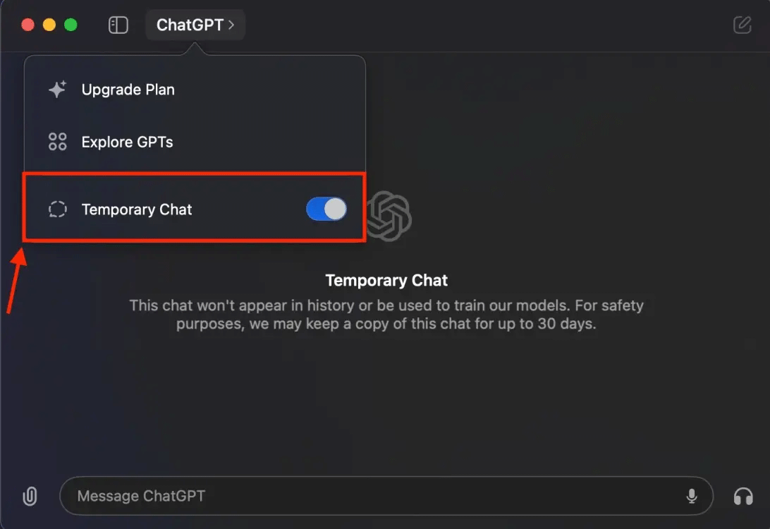 Temporary Chat in the ChatGPT Mac app