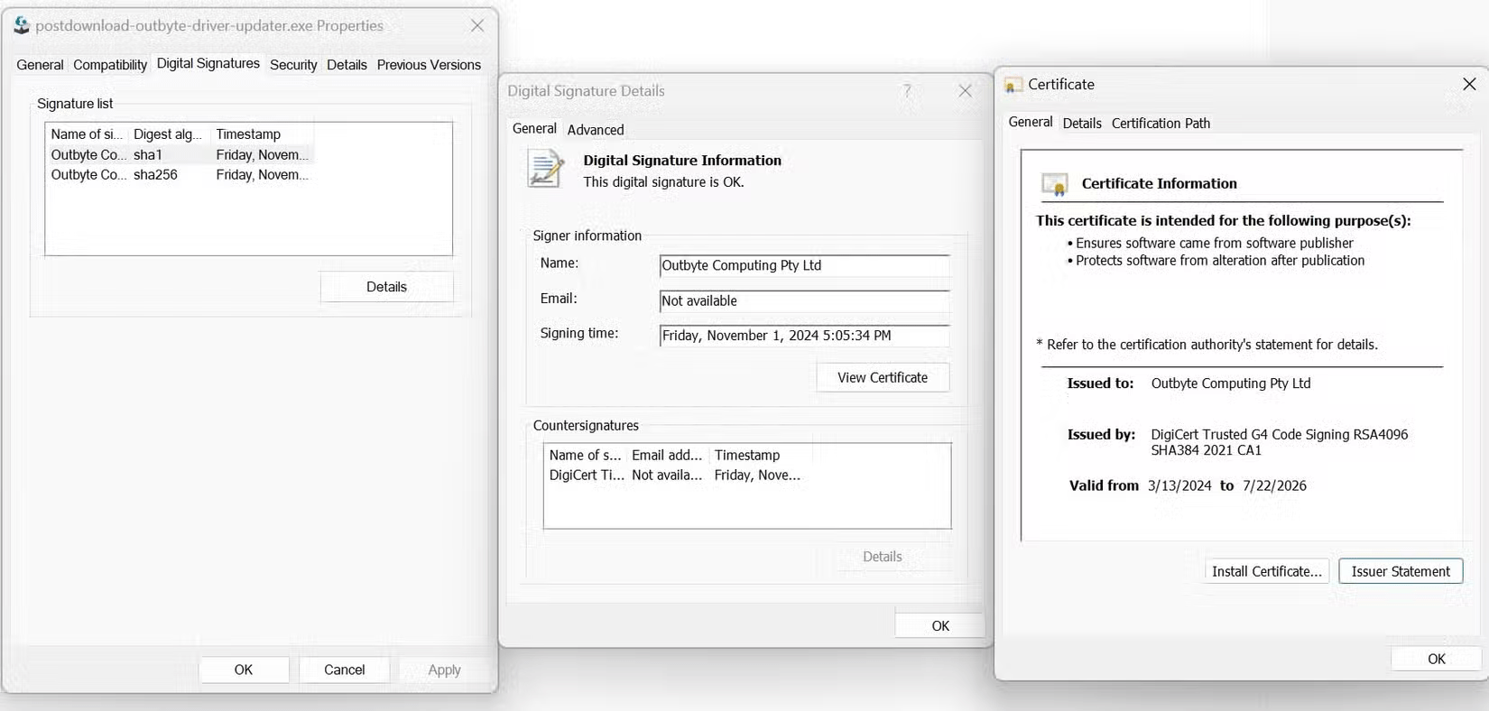 Check the certificate of the EXE file in Windows