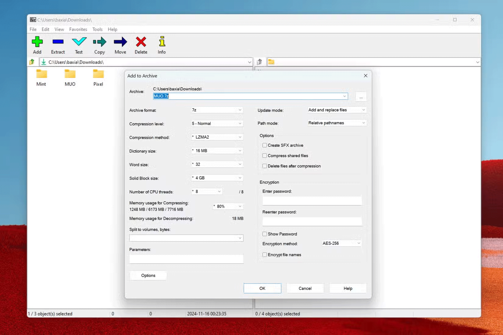 Các tùy chọn để tạo file nén 7z mới