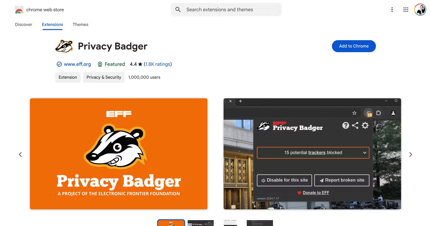 Tiện ích mở rộng Privacy Badger trong Chrome Web Store