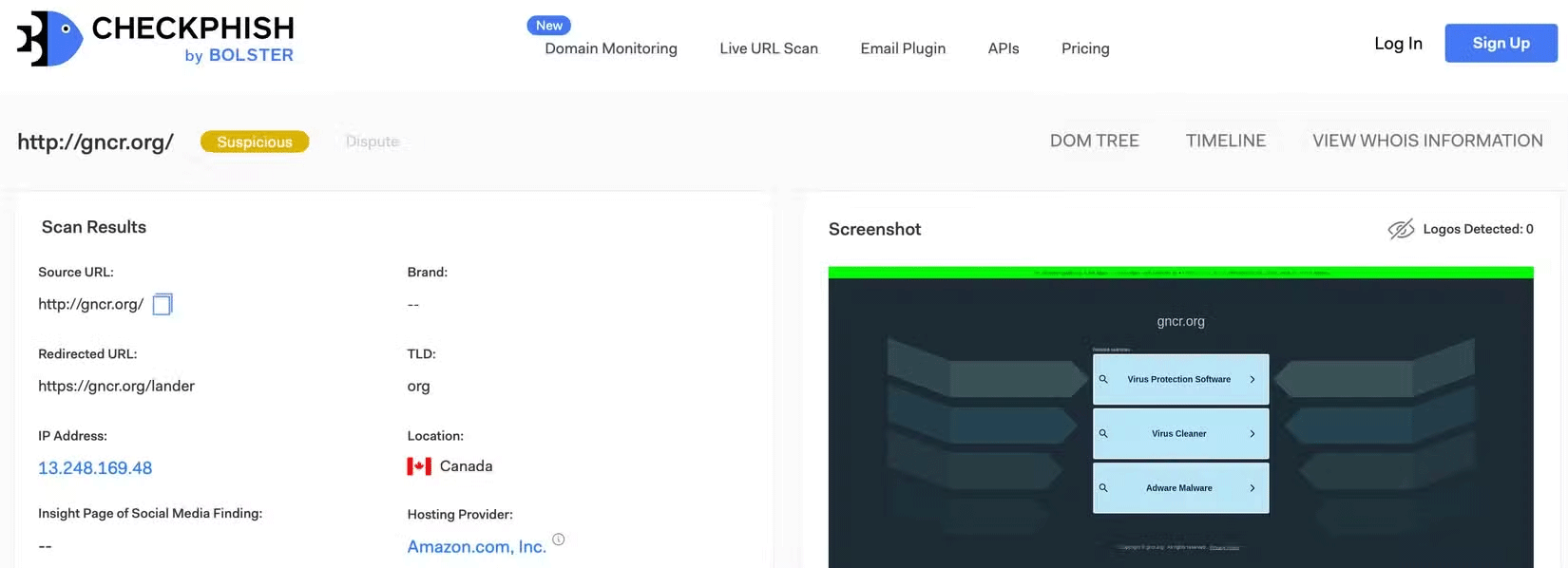 CheckPhish quét một trang web để tìm phần mềm độc hại.