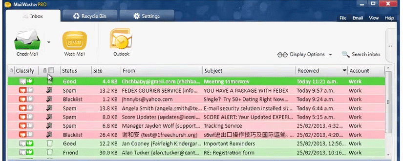 Mailwasher kiểm tra email.