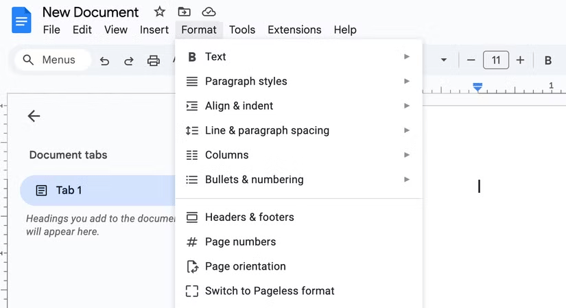 Điều hướng các menu trong Google Docs.