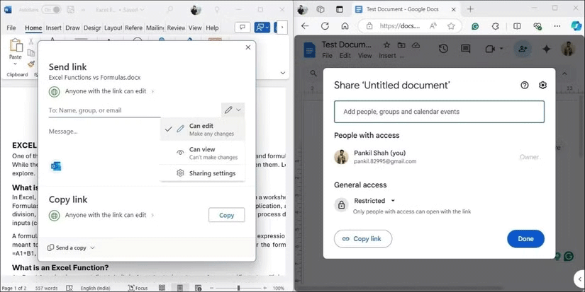 Tùy chọn chia sẻ tài liệu trong Word và Docs