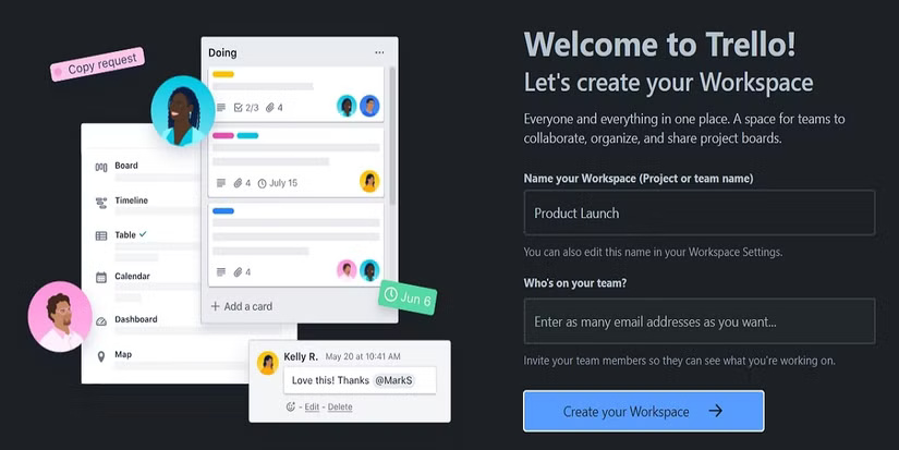 Trang "Welcome to Trello" mời bạn tạo không gian làm việc của mình