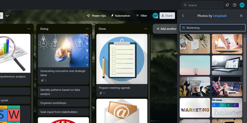 Các tùy chọn để tùy chỉnh nền bảng trong Trello