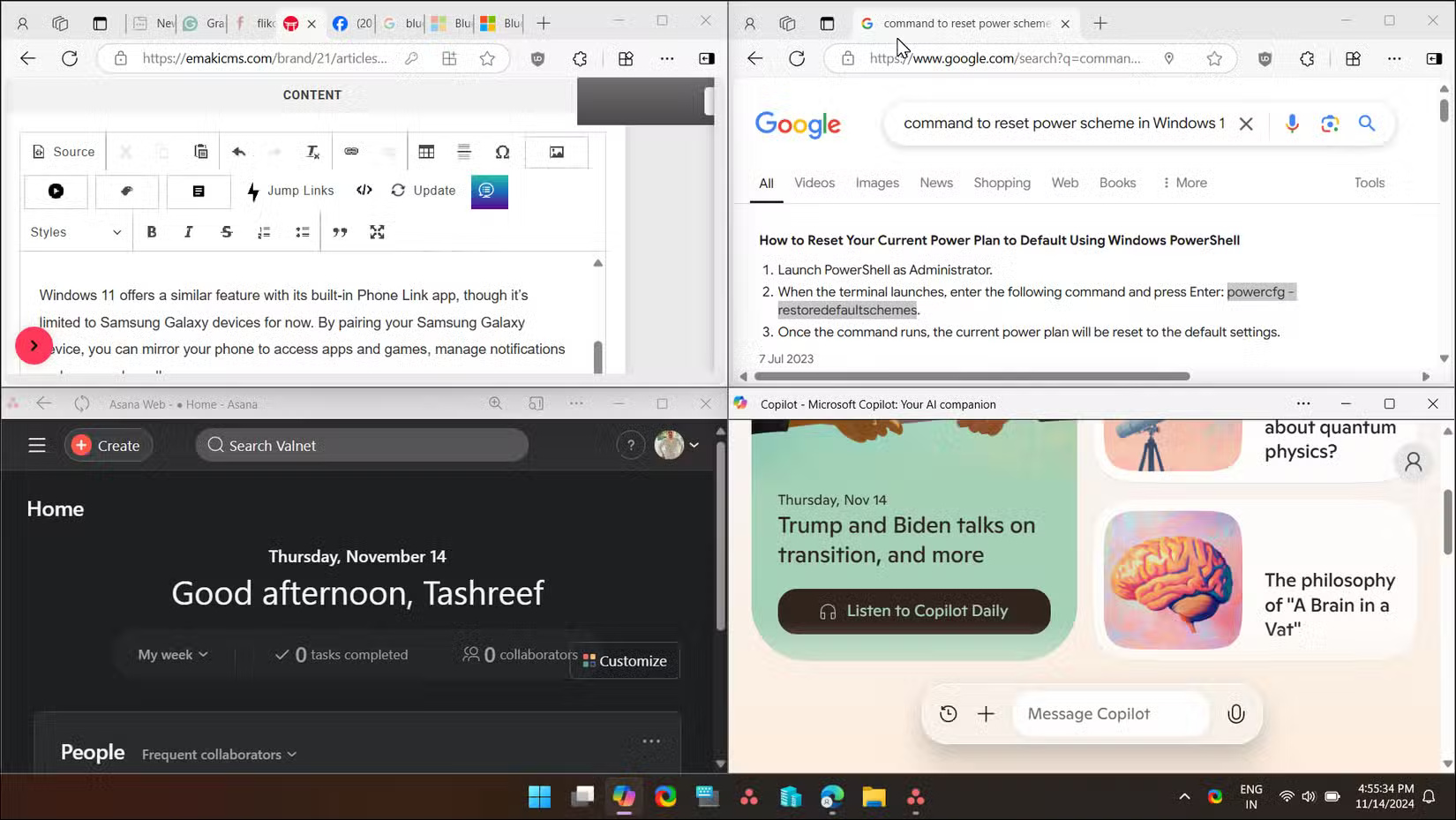 Snap Layouts của Windows 11 với 4 cửa sổ ứng dụng, mỗi cửa sổ chiếm một phần tư màn hình