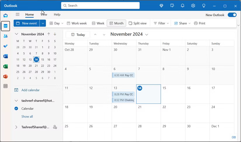 Ứng dụng Calendar mở trong ứng dụng Outlook dành cho Windows 11