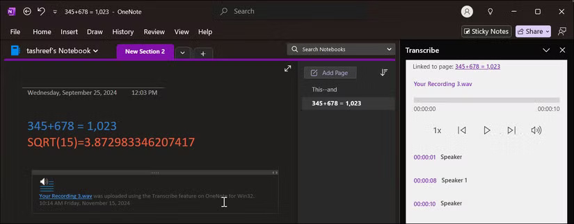 Ứng dụng OneNote hiển thị notebook có các phương trình toán học và ghi chú âm thanh đã phiên âm được thêm vào trang.