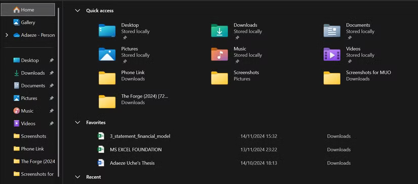 Trang chủ trên Windows File Explorer hiển thị thanh Quick access và Favorites