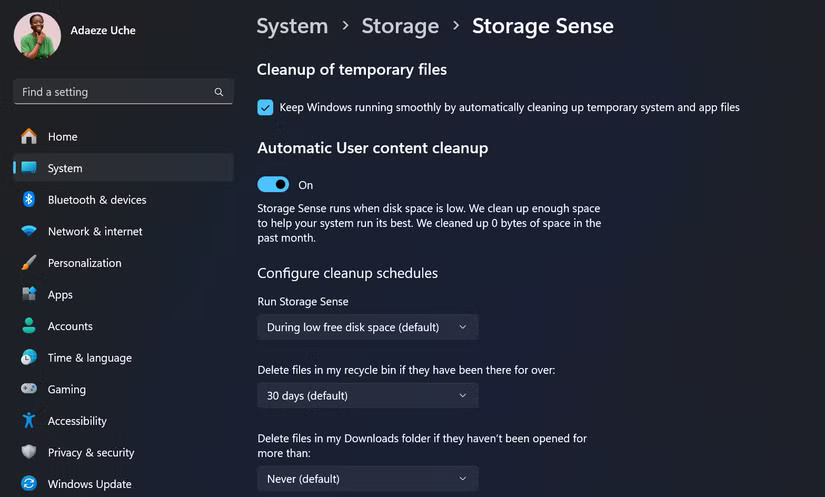 Trang Storage Sense trong ứng dụng Windows Settings