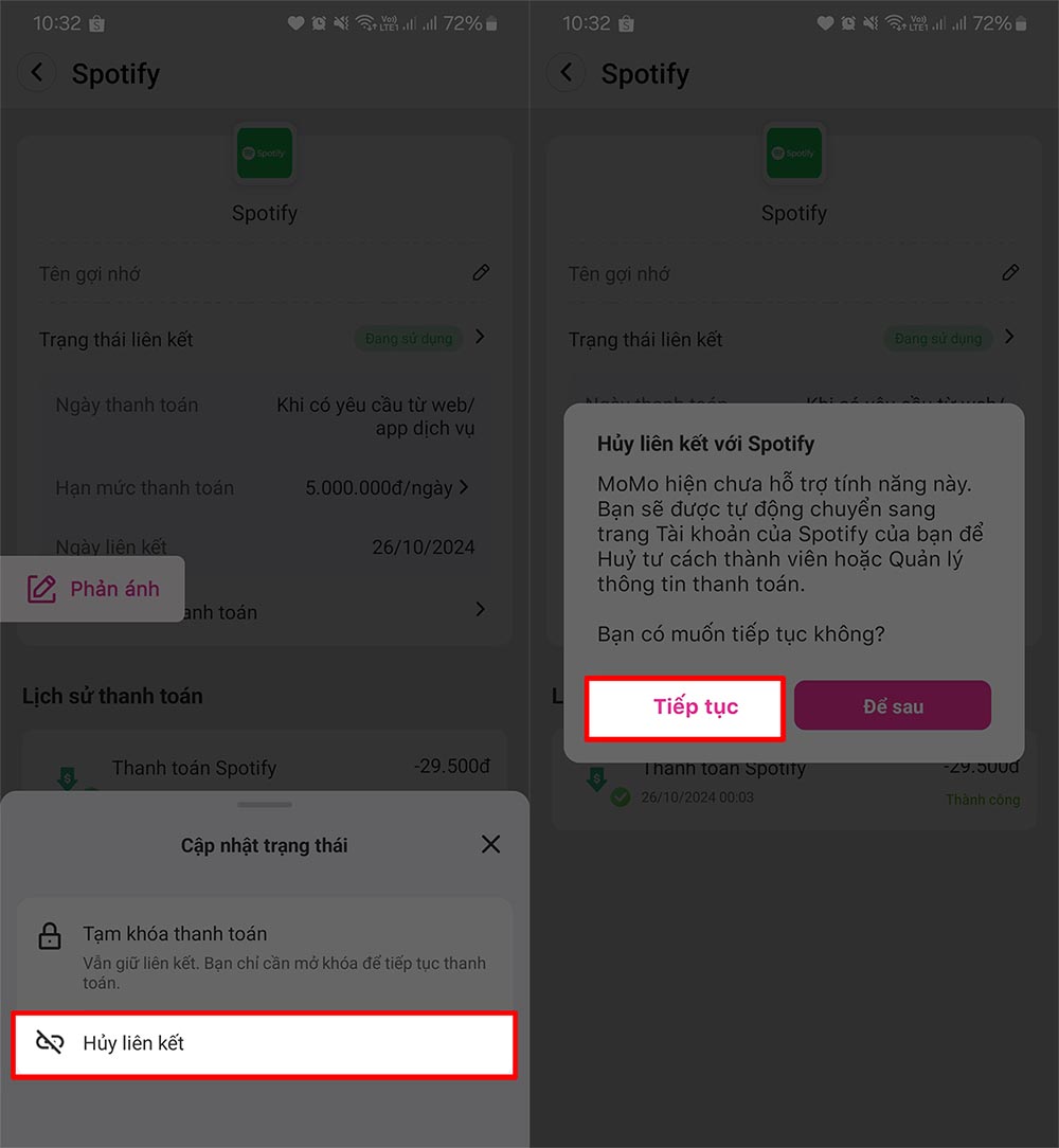 Hủy thanh toán ứng dụng MoMo