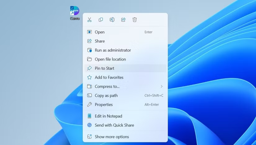 Tùy chọn Pin to Start trong menu ngữ cảnh của Windows