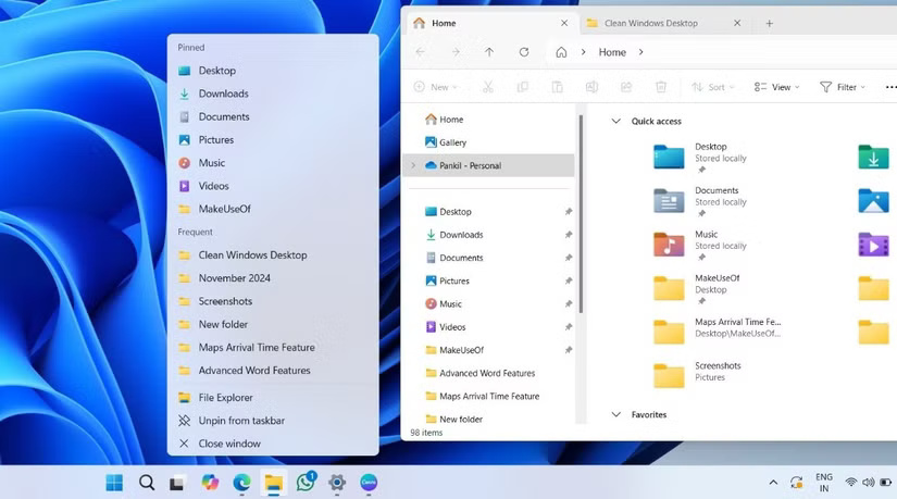 Danh sách nhảy Taskbar và File Explorer mở trên desktop Windows