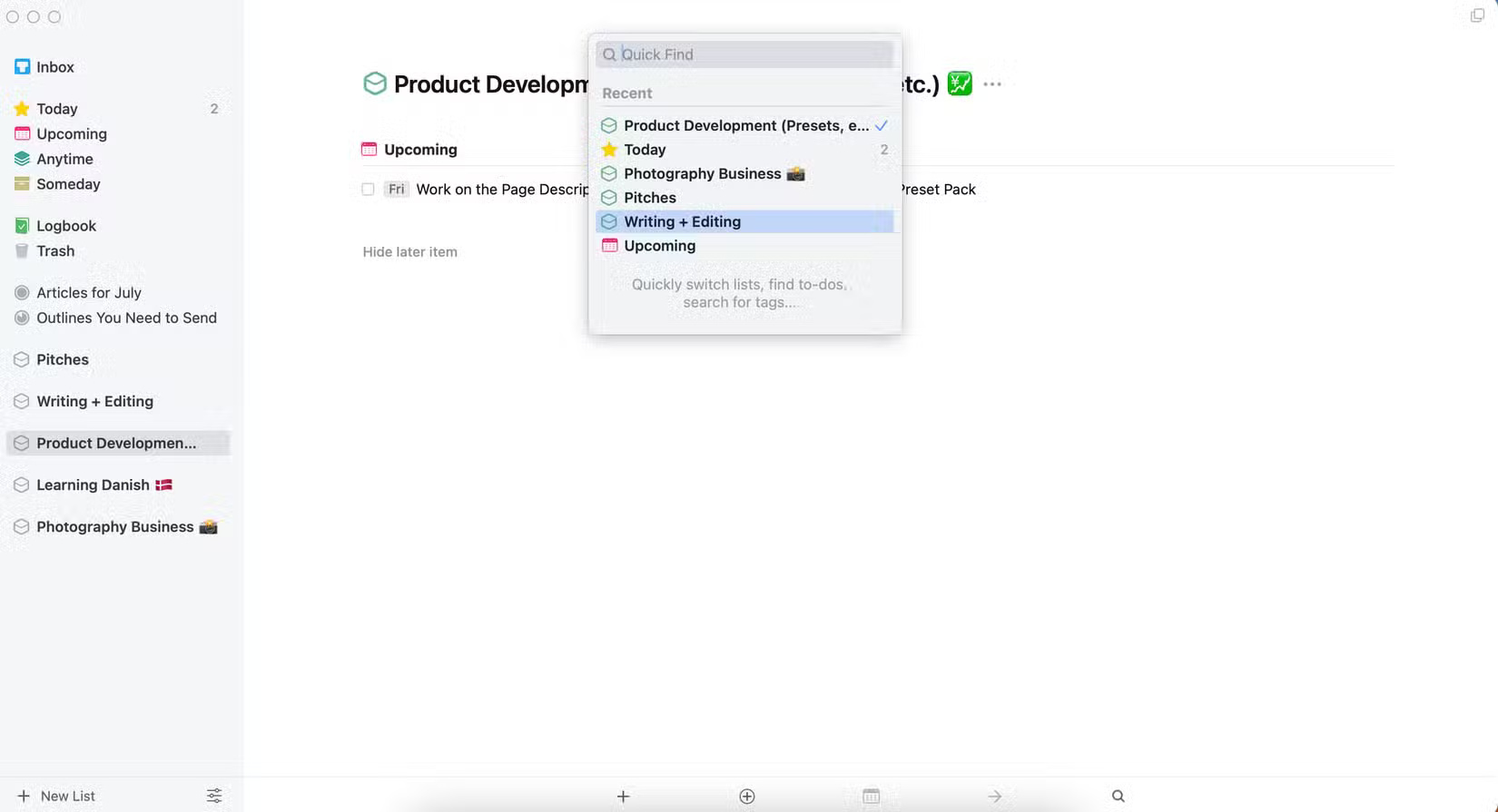 Giao diện ứng dụng Things 3 Mac