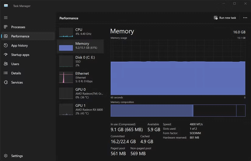 Biểu đồ hiệu suất bộ nhớ trong Task Manager