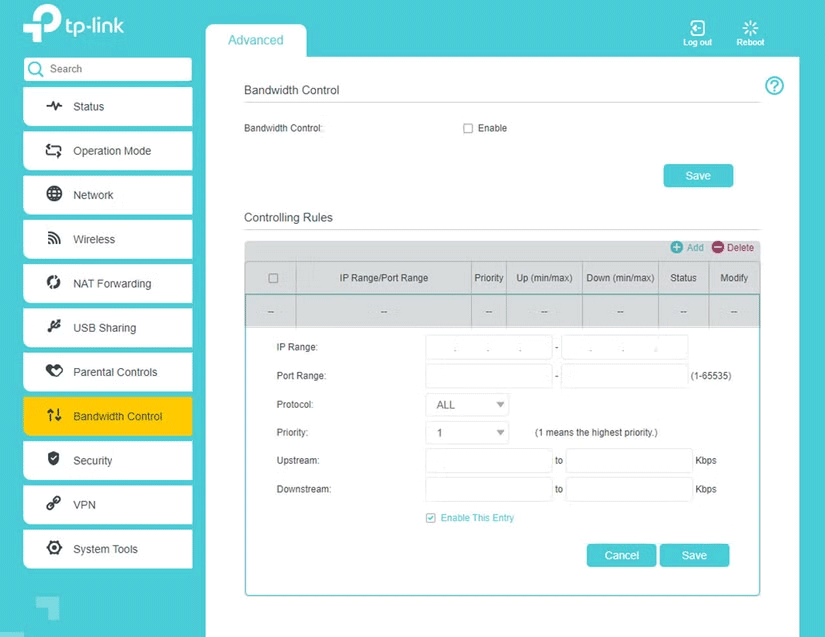 Trang Bandwidth Control của router TP-Link