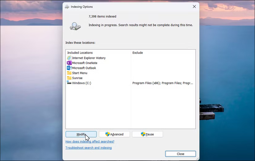 Hộp thoại tùy chọn lập chỉ mục mở trên Windows 11