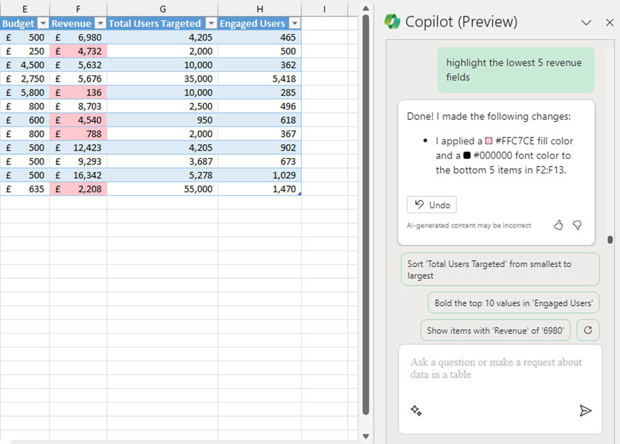 Copilot lọc giá trị trong Excel 