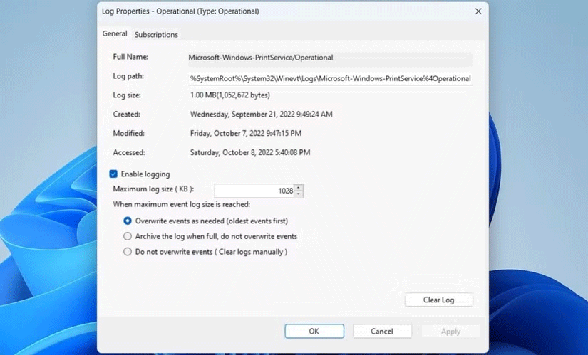 Enable logging trong Windows 11