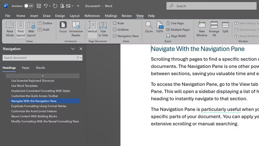 Ngăn Navigation trong Microsoft Word