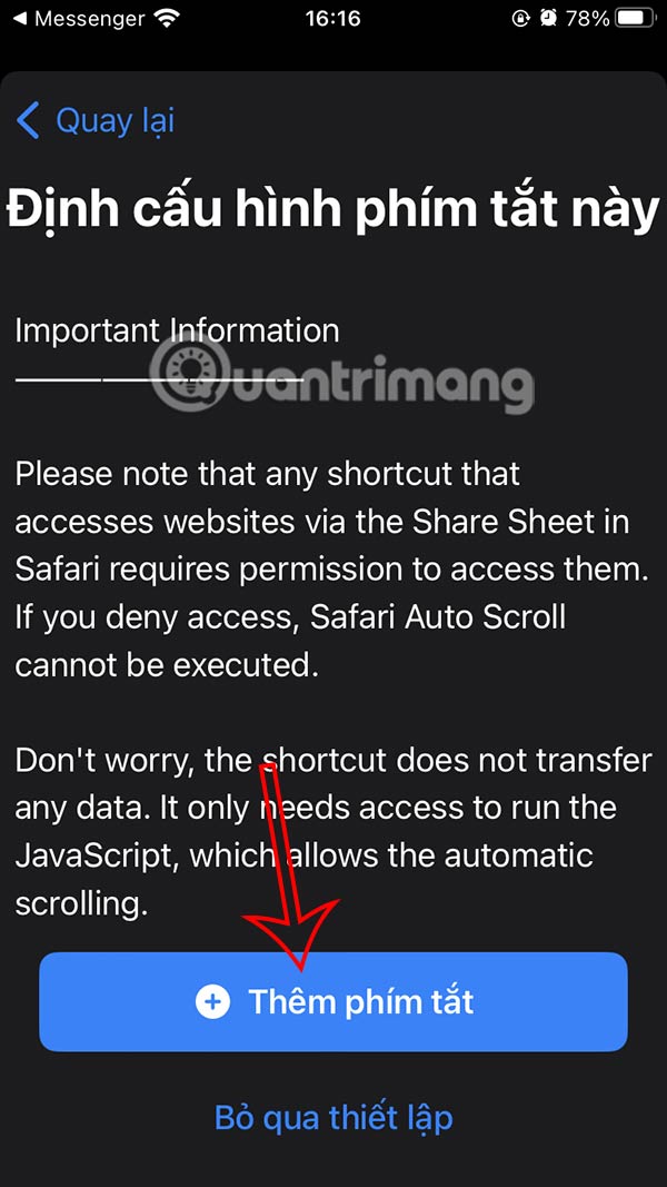 Cài phím tắt Safari Auto Scroll