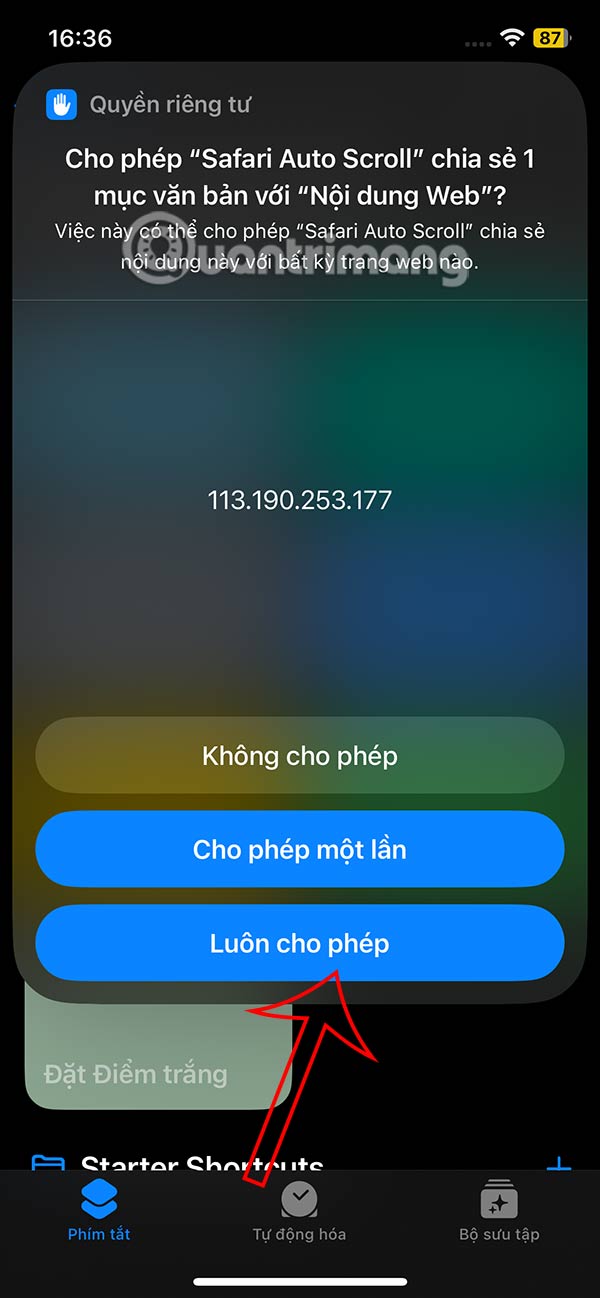 Đồng ý quyền của Safari Auto Scroll