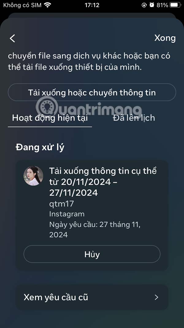 Tải dữ liệu Instagram cá nhân