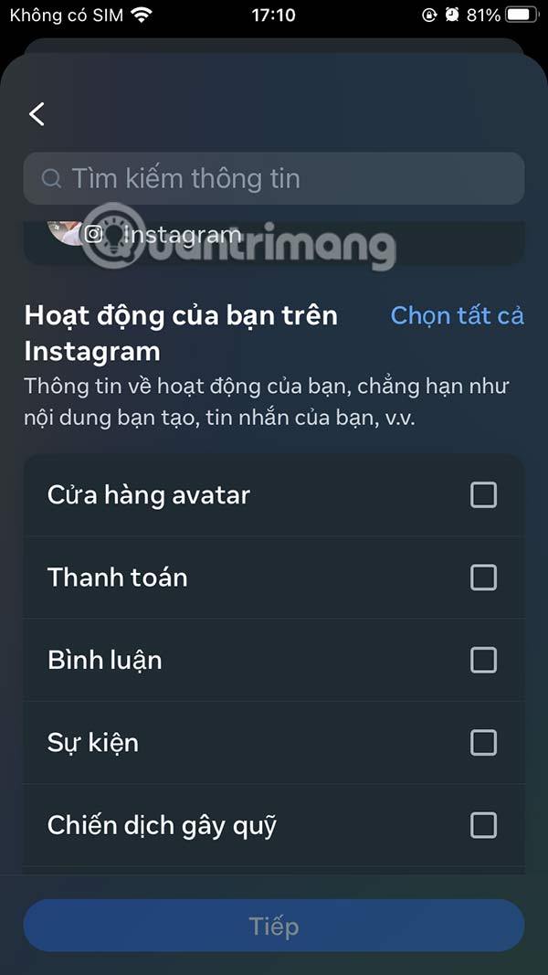 Chọn dữ liệu tài khoản Instagram muốn tải