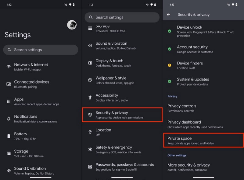 Tạo không gian riêng tư Android 15
