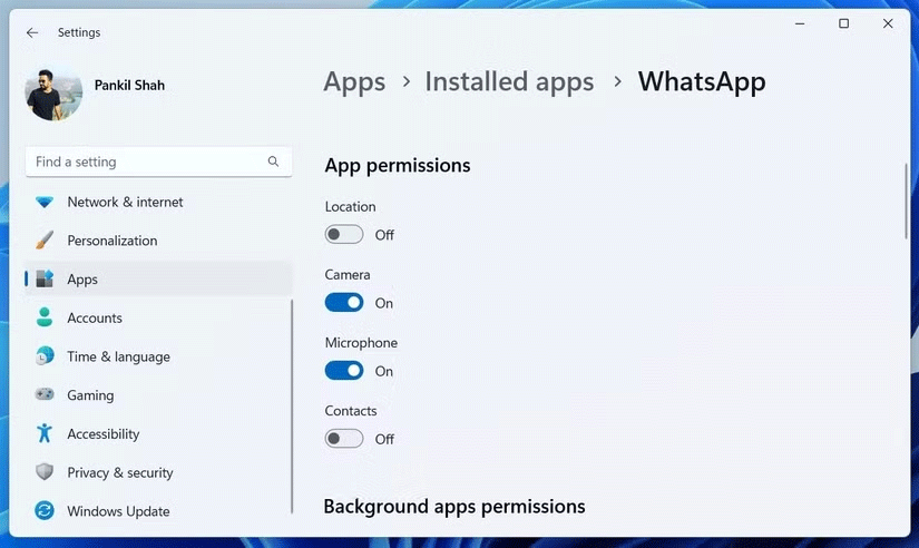 Ứng dụng Windows Settings 11 hiển thị quyền ứng dụng cho WhatsApp