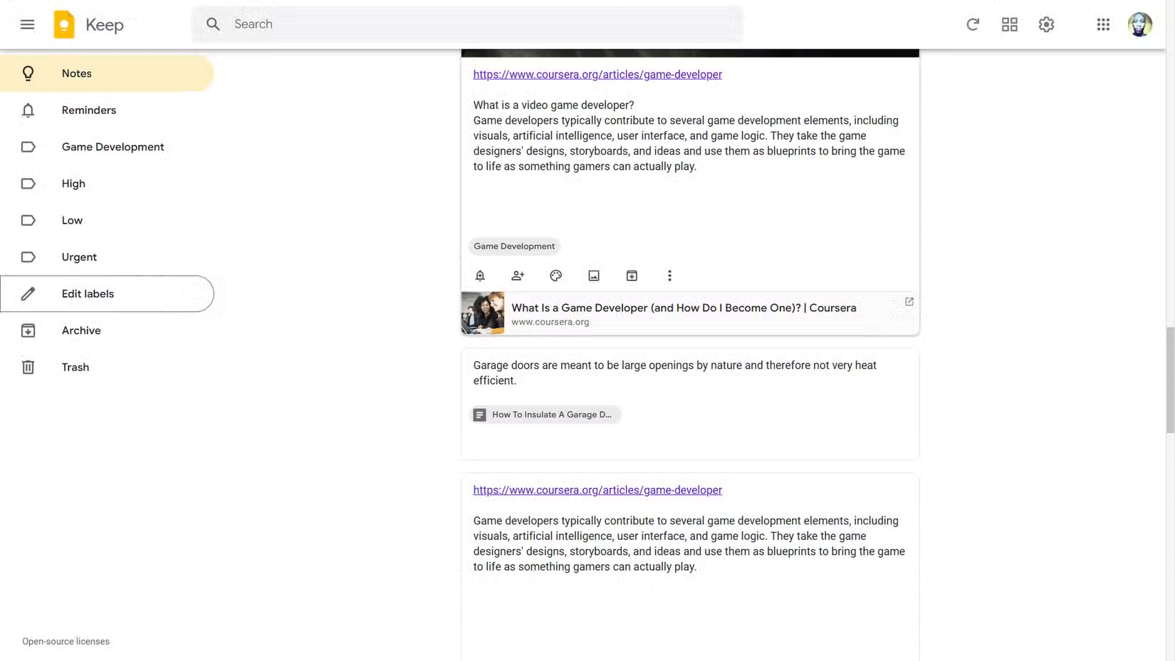Trang chủ của Google Keep sau khi đăng nhập.