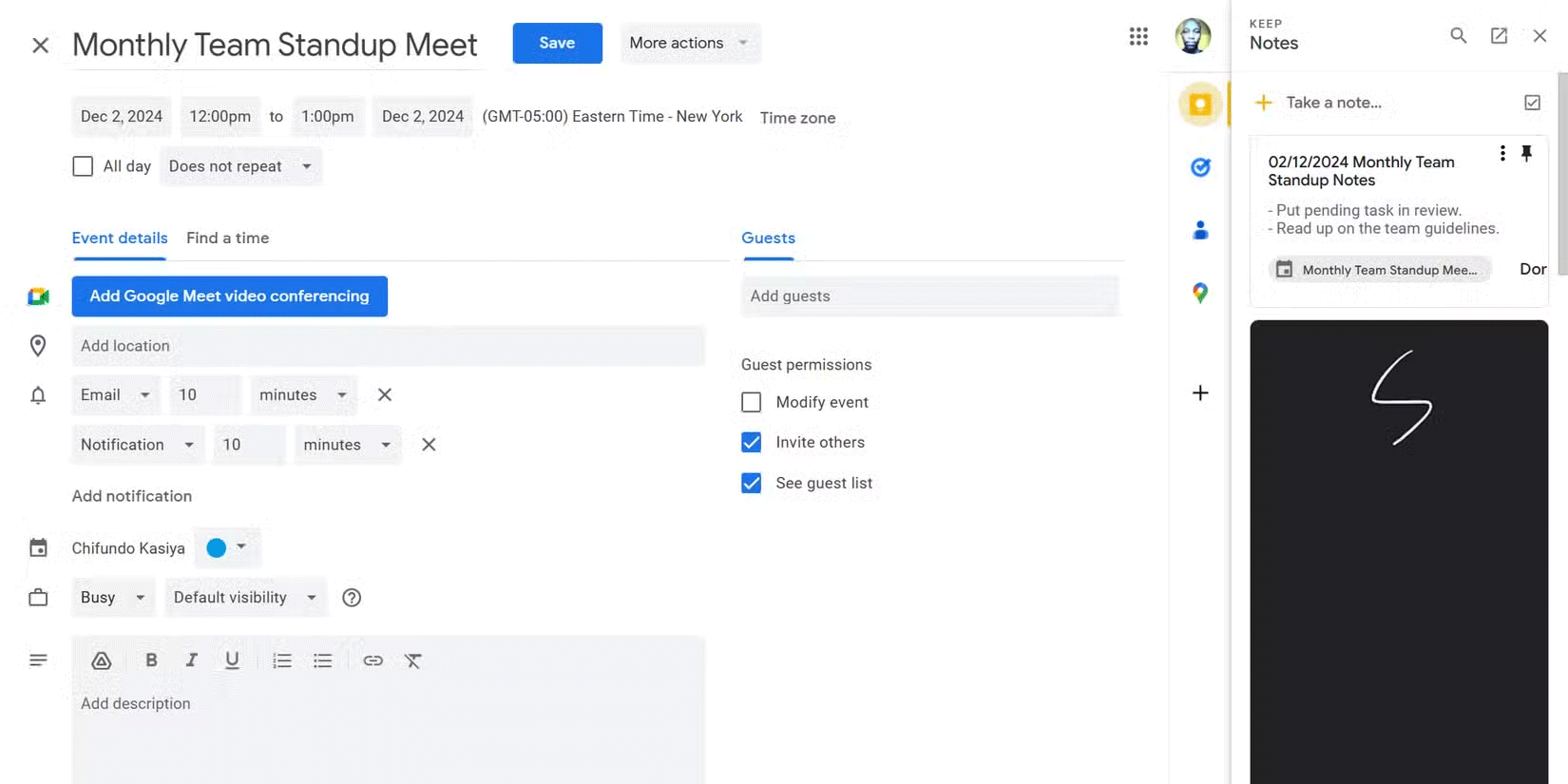 Tạo ghi chú trong bảng bên Google Keep cho sự kiện Google Calendar.