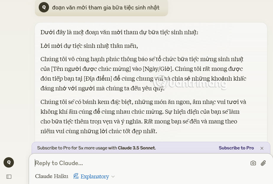 Yêu cầu viết văn bản trên Claude AI