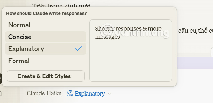 Đổi phong cách viết văn bản trên Claude AI