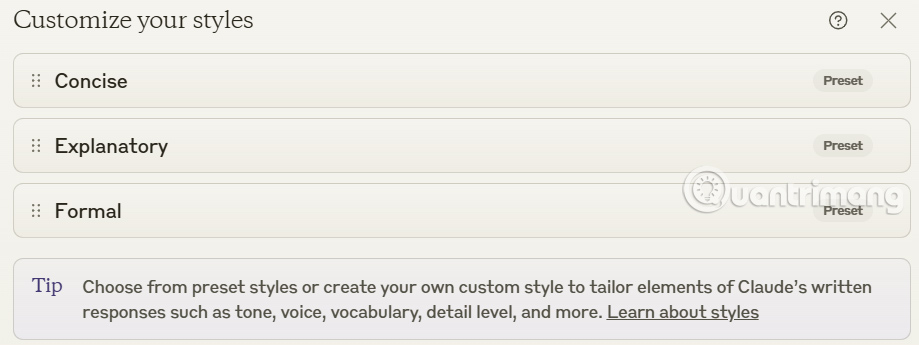 Chỉnh phong cách hiển thị trên Claude AI