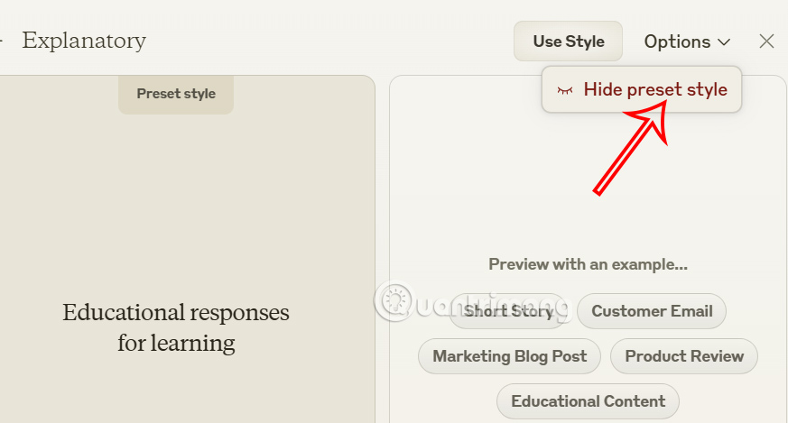 Ẩn phong cách hiển thị trên Claude AI
