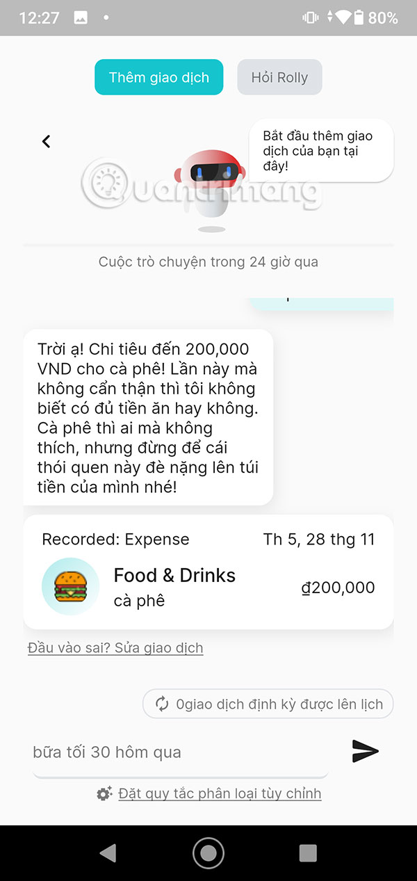 Chat với Rolly: AI Money Tracker