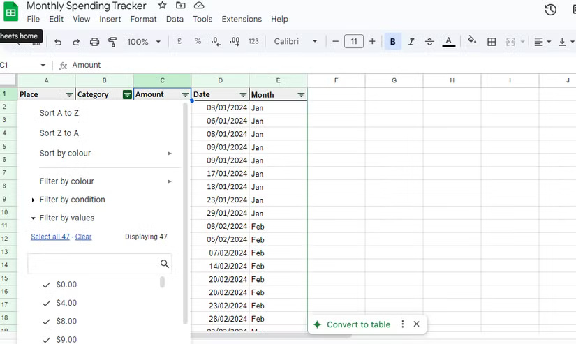 Use filters to sort expenses in Google Sheets