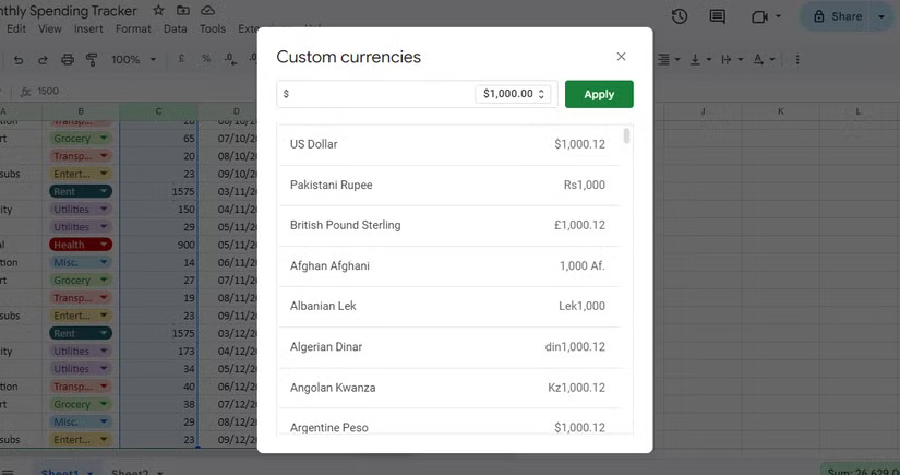 Custom currency format for Google Sheets