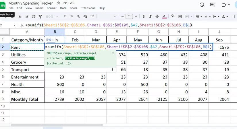 SUMIFS function in Google Sheets