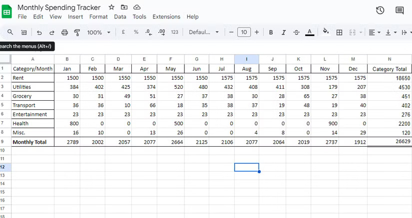 Summary of expenses in Google Sheets