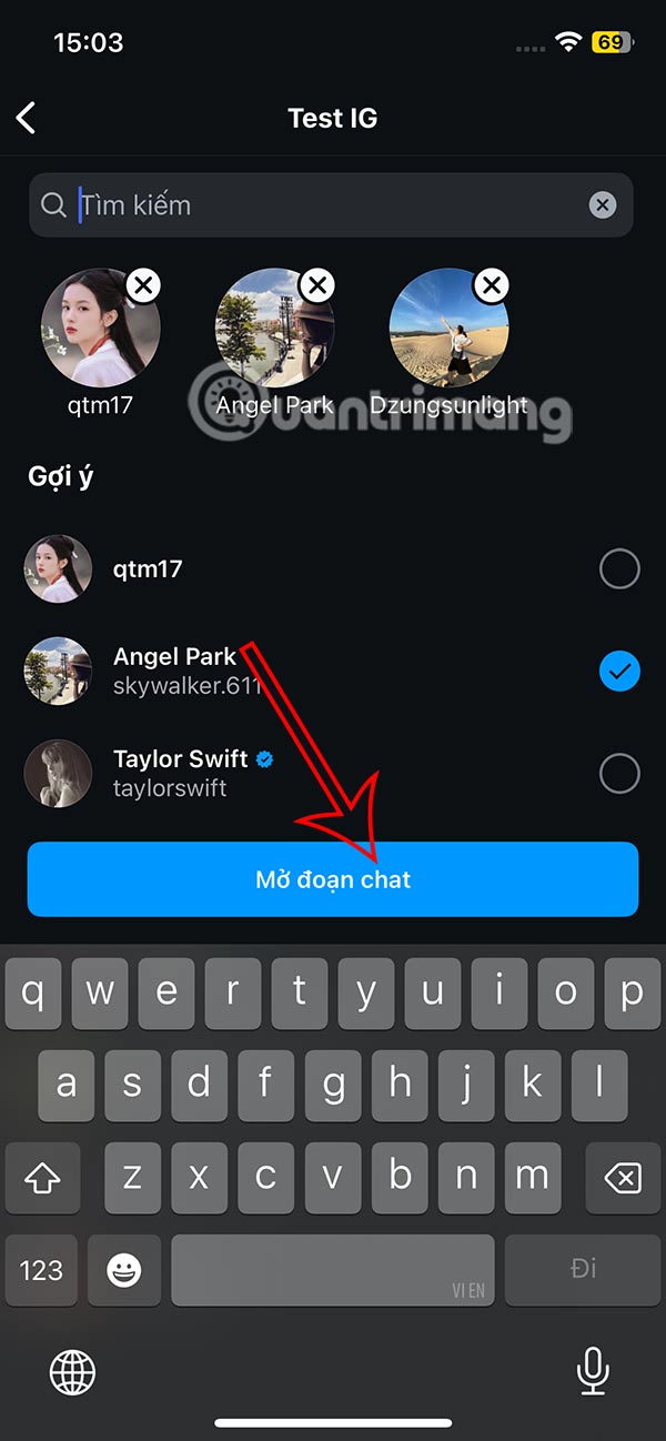 Chọn thành viên nhóm chat Instagram
