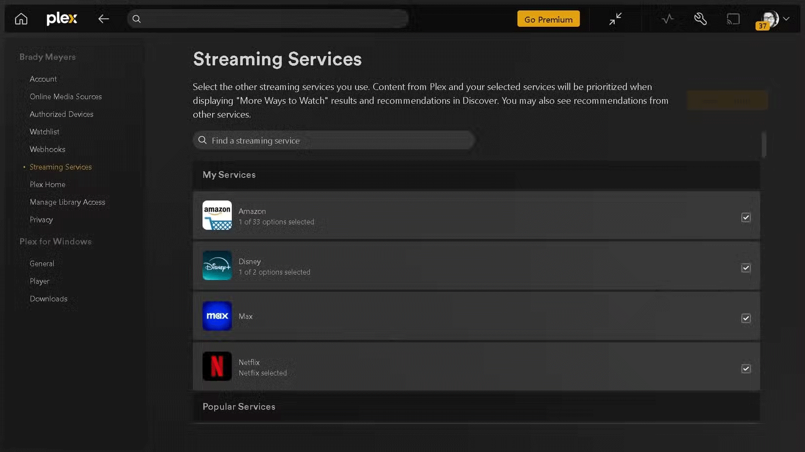 Kết nối dịch vụ stream với Plex trong cài đặt