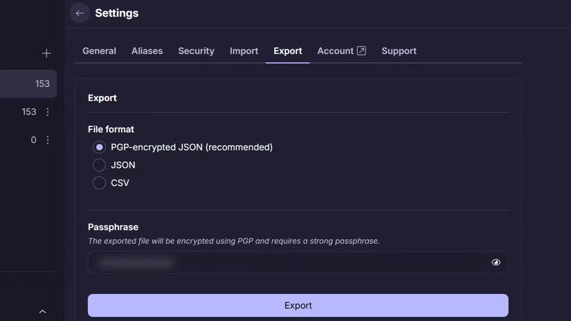 Ứng dụng web Proton Pass hiển thị mật khẩu xuất được mã hóa PGP ở định dạng JSON
