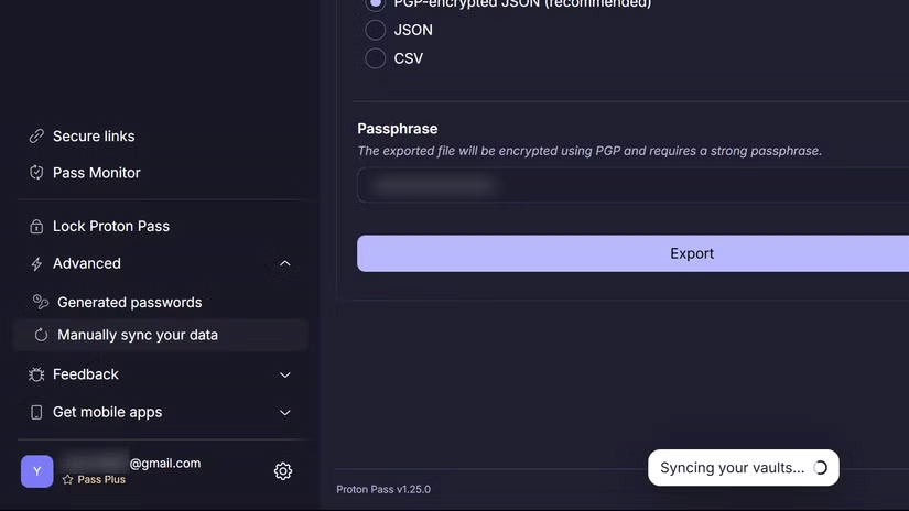 Ứng dụng web Proton Pass đồng bộ kho lưu trữ