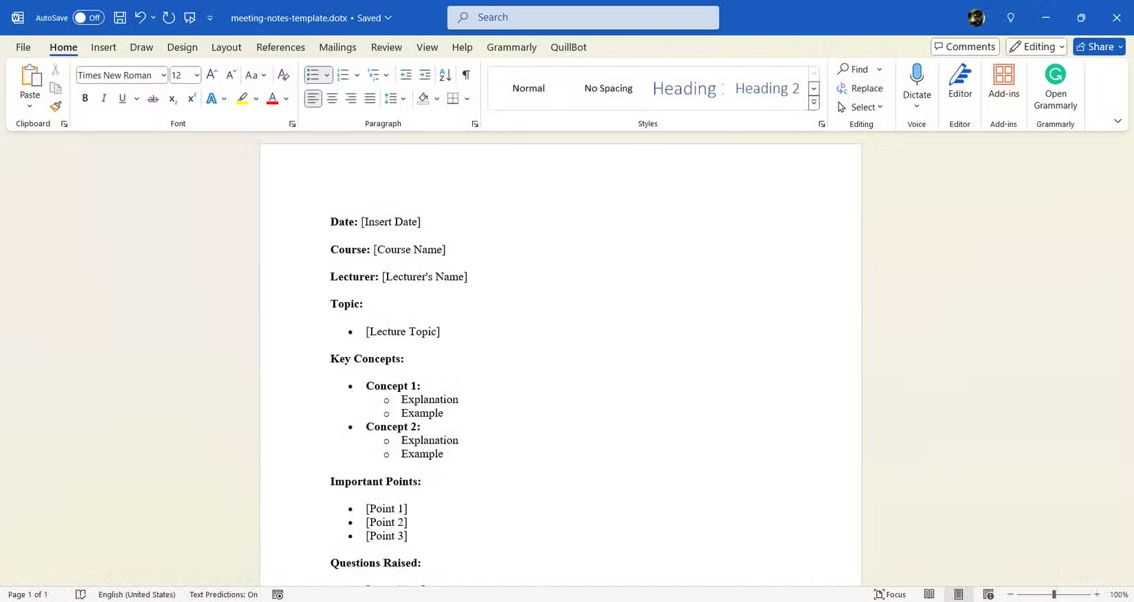 Template ghi chú cuộc họp trong Microsoft Word trên Windows.