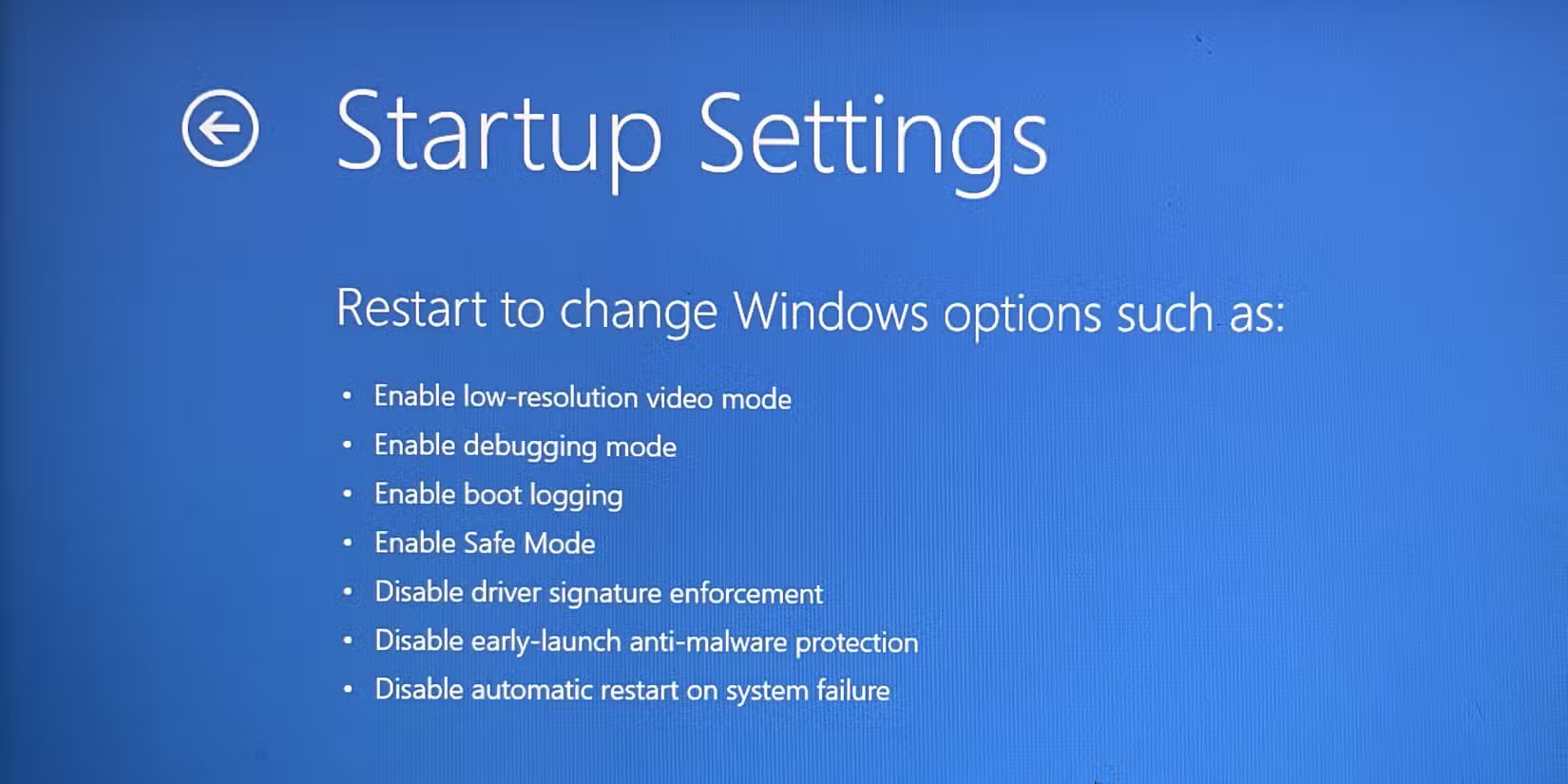 Màn hình Startup Settings trên Windows.