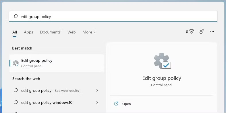 Mở Group Policy Editor bằng Windows Search